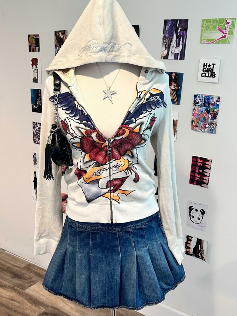 Ed Hardy Cream Zip-Up Hoodie with Tattoo Heart & Wings Graphic